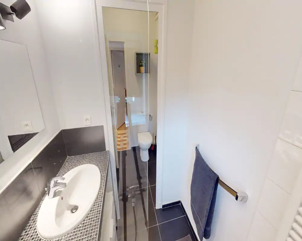 Compact modern bathroom with a sink, mirror and a visible toilet through a glass door; dark floor tiles and white walls create a clean contrast.