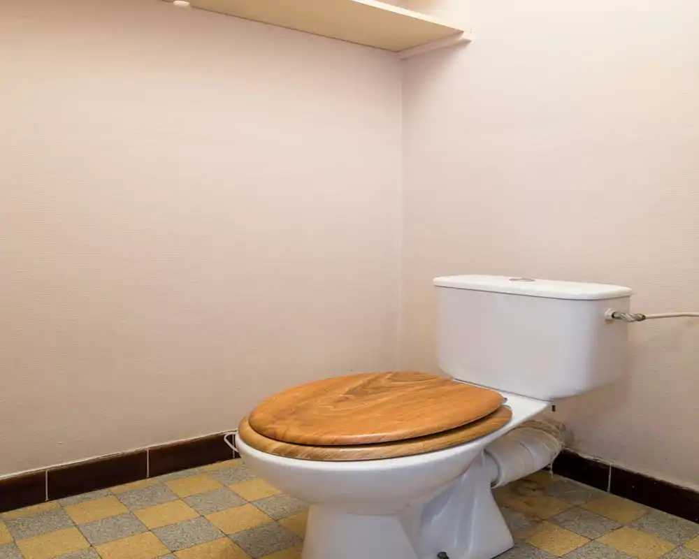 Compact bathroom with a classic white toilet and wooden seat, simple tiled floor and neutral walls — clean and functional space.