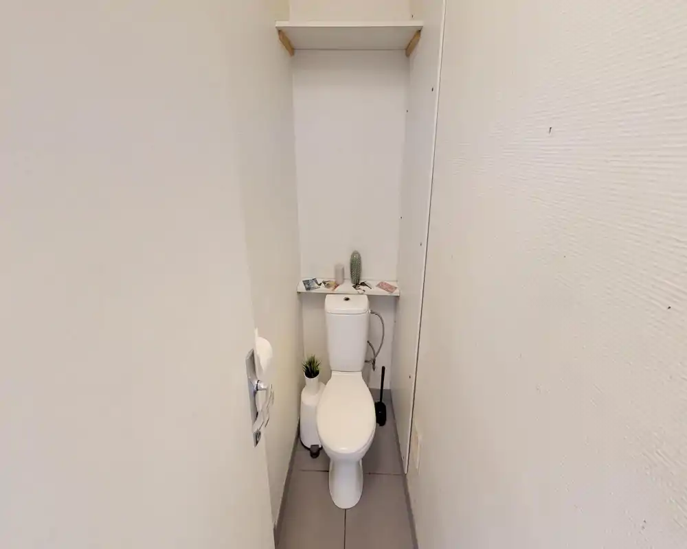 WC compatto e ben illuminato con wc standard, piccolo ripiano sopra il serbatoio e semplici elementi decorativi; pulito e minimal.