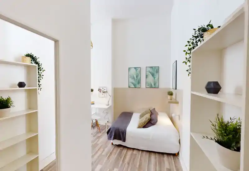 Bright, modern bedroom with a neatly made double bed, decorative pillows and a cozy throw. The room features light wood flooring, small bedside shelving, leafy artwork and plants that enhance a calm, inviting atmosphere.