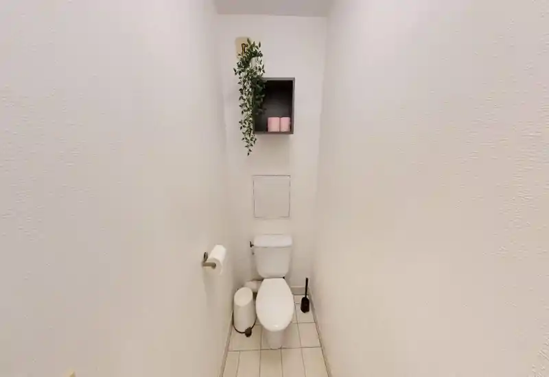 WC compact et propre avec un WC standard, une petite poubelle et une brosse. Murs blancs et étagère simple avec plante suspendue pour un rendu minimal et frais.