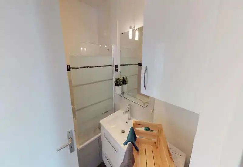 Petit salle de bains moderne avec lavabo, armoire miroir et pare-douche en verre ; carrelage blanc et agencement compact, idéal pour un appartement citadin.