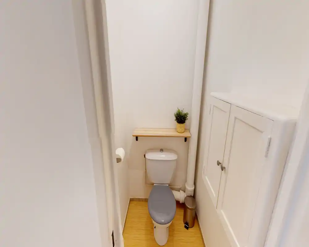 Compact, well-lit toilet with a modern cistern, gray seat, small shelf with plant and built-in storage cabinet — ideal for a guest WC.