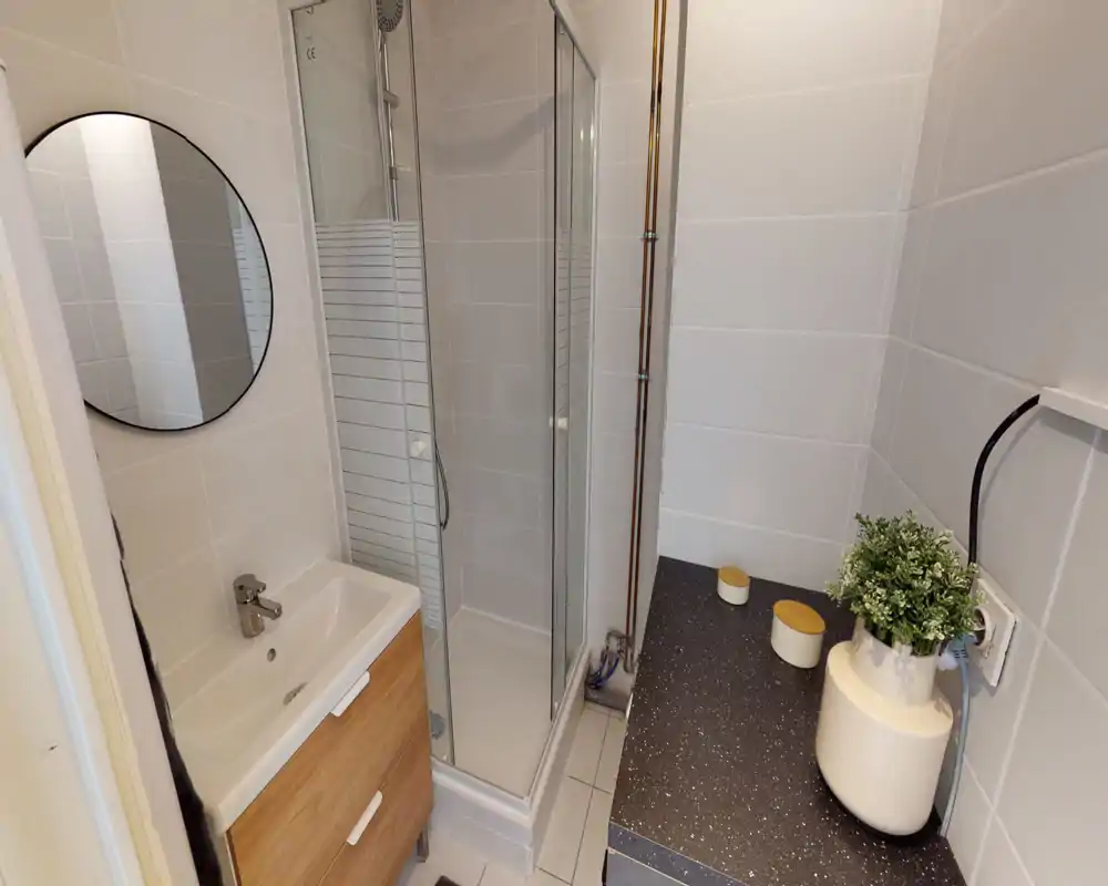 Small modern bathroom with a glass shower cubicle, a compact sink with wooden vanity and a clean counter with decorative plant and containers.