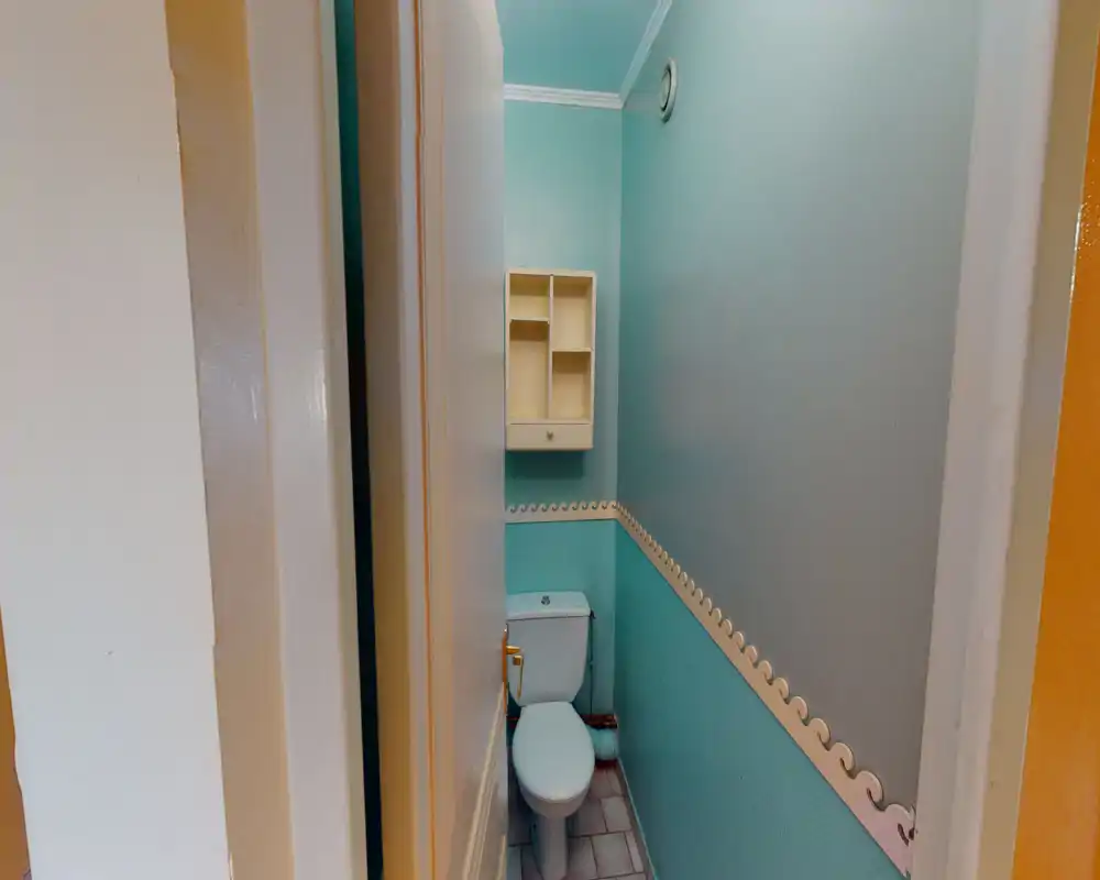 Compact bathroom with a close-up view of a toilet, small wall cabinet and pastel teal decor. The photo highlights a narrow WC area suitable for guest use.