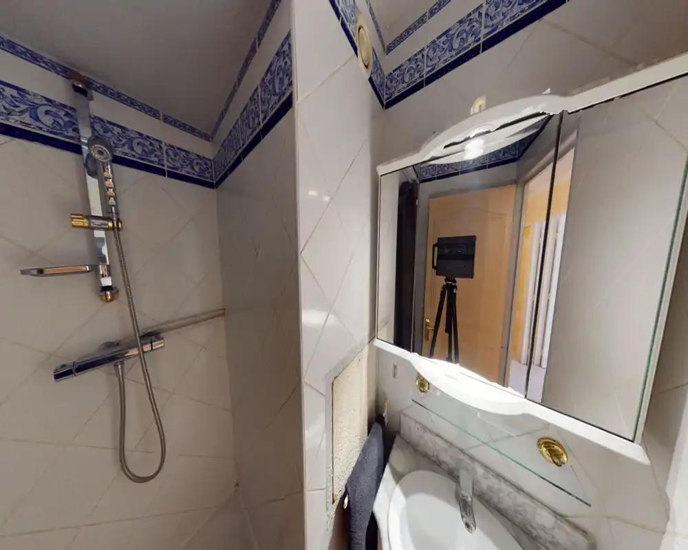 Compact tiled bathroom with bathtub and handheld shower, marble countertop sink and a mirrored cabinet reflecting the doorway; classic blue decorative tile border.