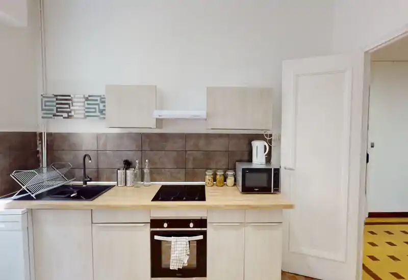 Cuisine compacte et moderne avec meubles en bois clair, plaque à induction et four intégré ; plan de travail rangé avec bocaux, micro-ondes et bouilloire — espace lumineux et fonctionnel, idéal pour les courts séjours.