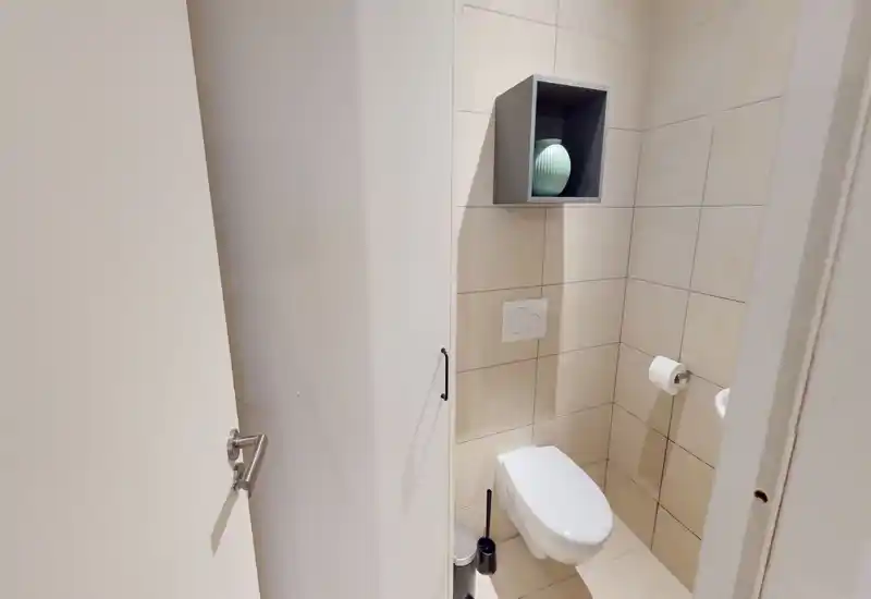 Petite salle de bains moderne avec WC suspendu, murs carrelés et niche contenant un vase décoratif ; espace propre, lumineux et compact.