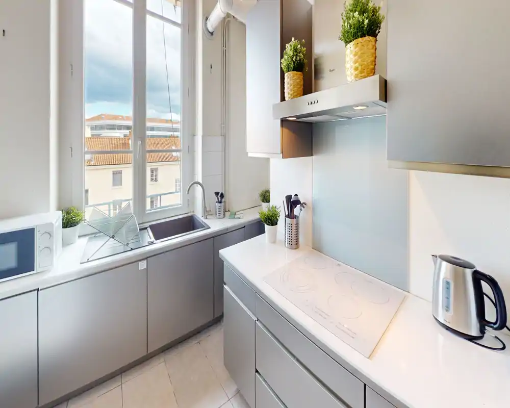 Cucina moderna e luminosa con mobili grigi, piano cottura a induzione, lavabo sotto una grande finestra e piante decorative che creano un'atmosfera accogliente.