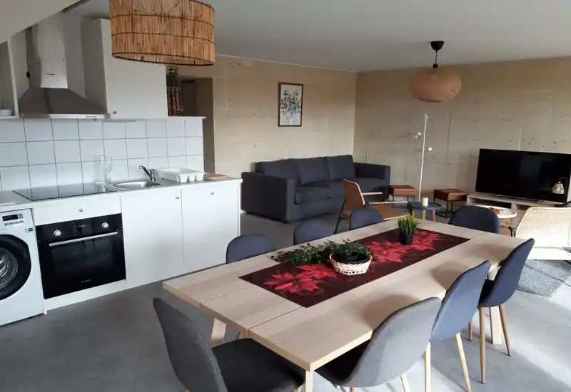 Open-plan living area with a kitchenette and a six-seat dining table. The space is styled in neutral tones with a comfortable sofa, modern kitchen units and natural woven lighting for a relaxed feel.