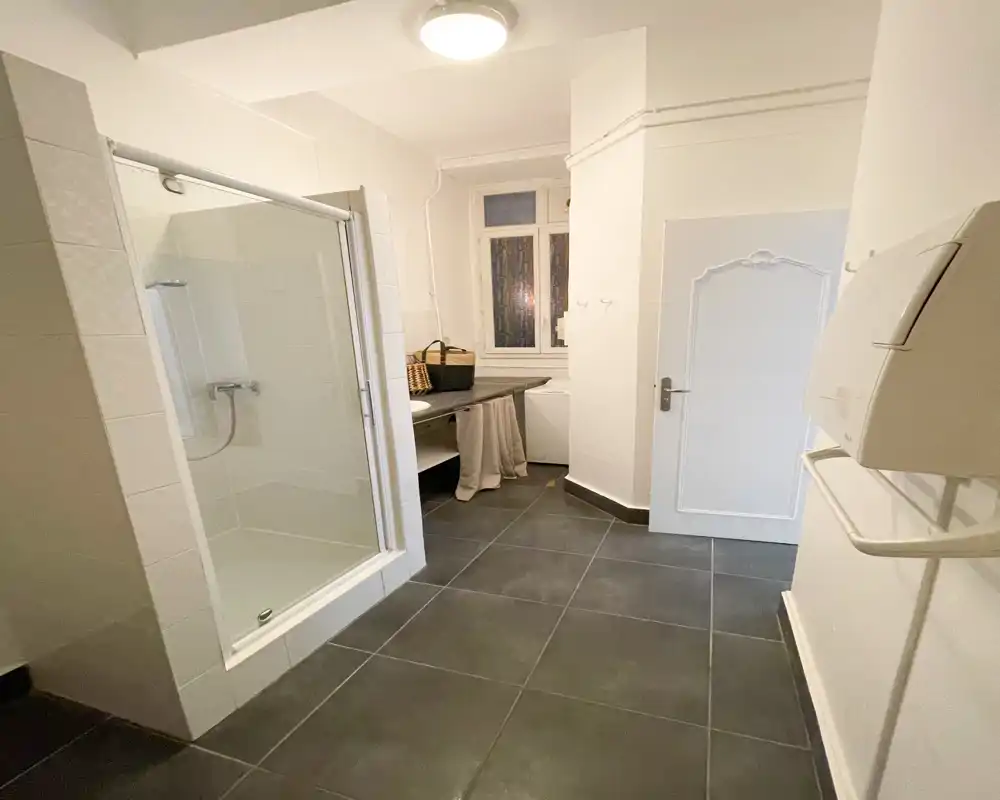 Salle de bains lumineuse et moderne avec douche carrelée, sol foncé et un plan de travail près de la fenêtre. Finitions propres et éclairage de plafond efficace.