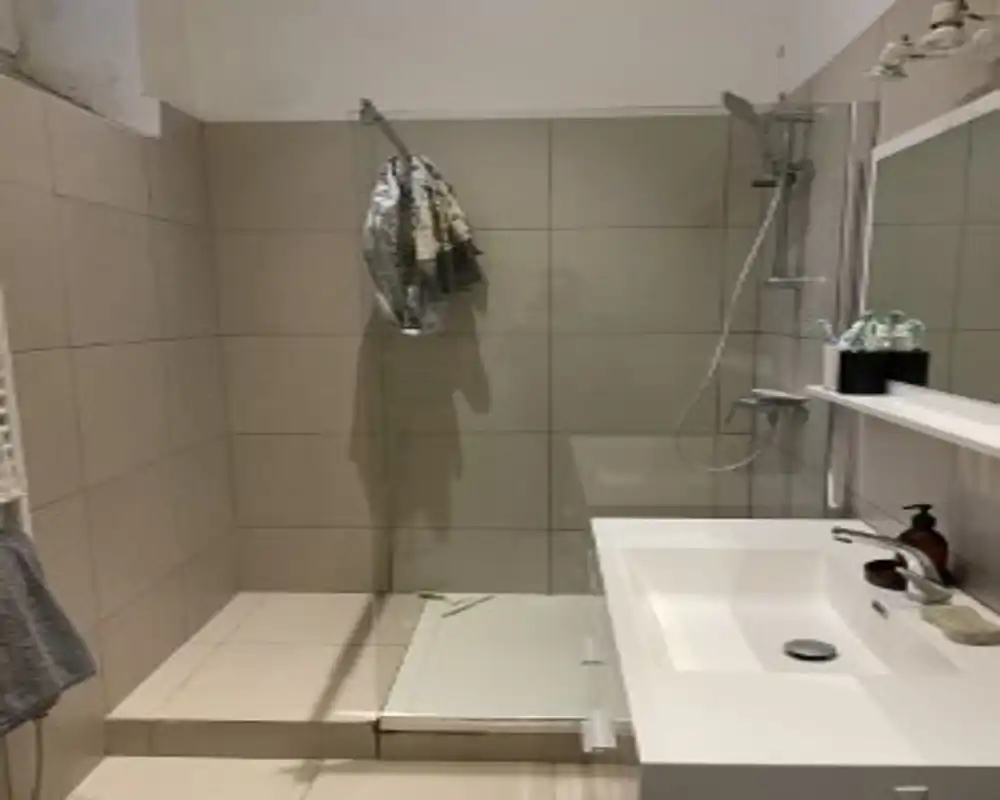 Bright, modern bathroom with a walk-in shower, white sink countertop, and wall-mounted mirror. Clean, minimal styling suitable for rental listings.
