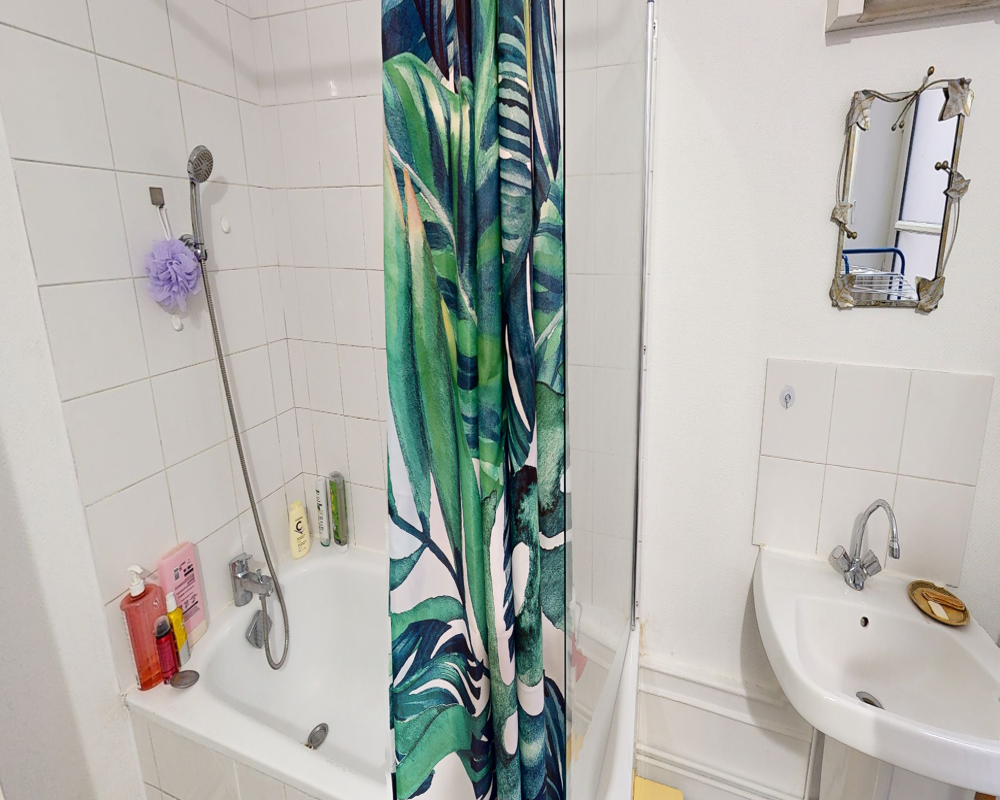 Petite salle de bains propre avec baignoire et douche, rideau à motif végétal, lavabo et miroir — lumineuse et bien entretenue.