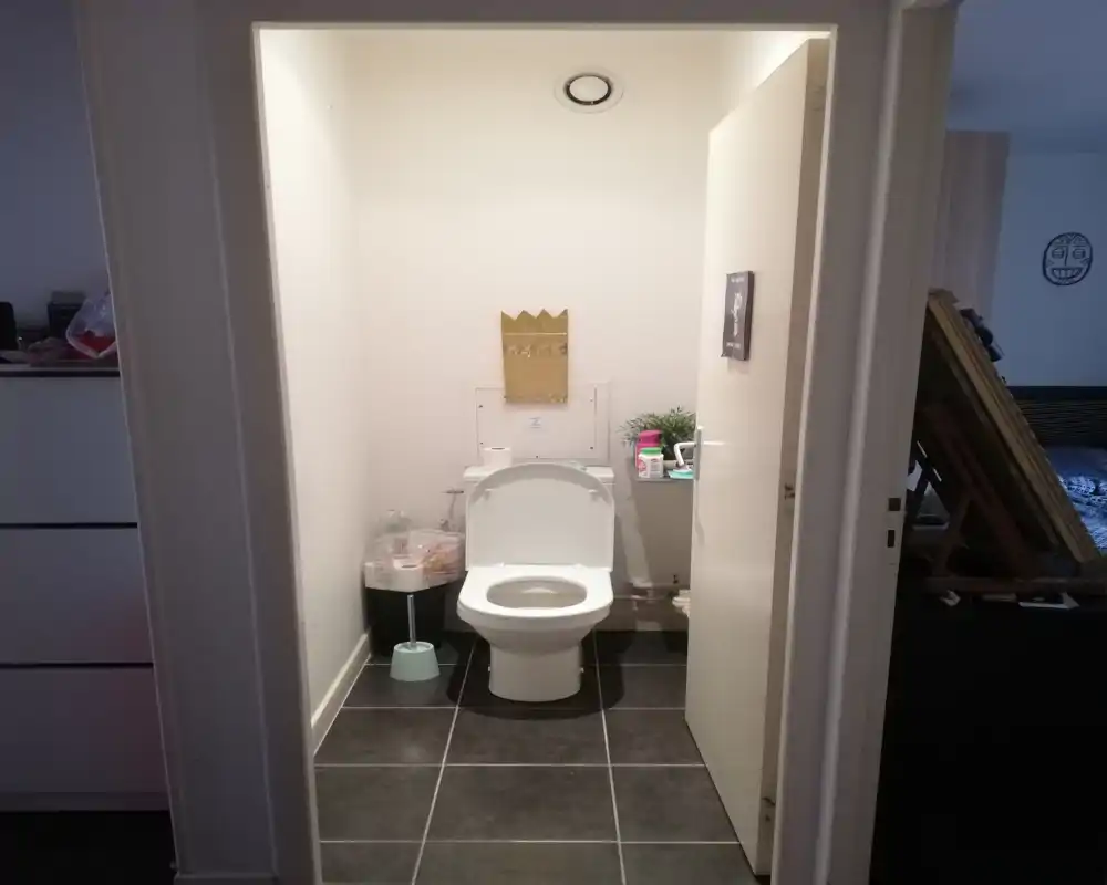 Compact modern bathroom with a floor-mounted toilet, dark floor tiles and white walls; the space is tidy and well lit.
