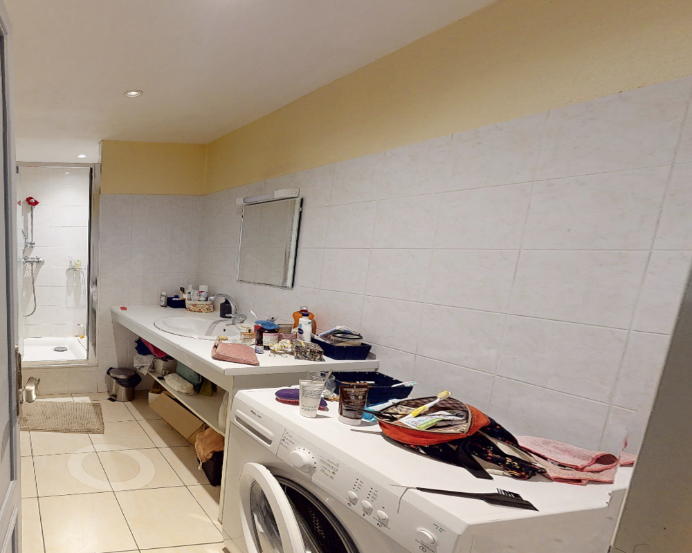 Grand salle de bain / buanderie avec machine à laver à hublot, long plan vasque, miroir et douche à l'italienne au fond ; murs et sol carrelés.