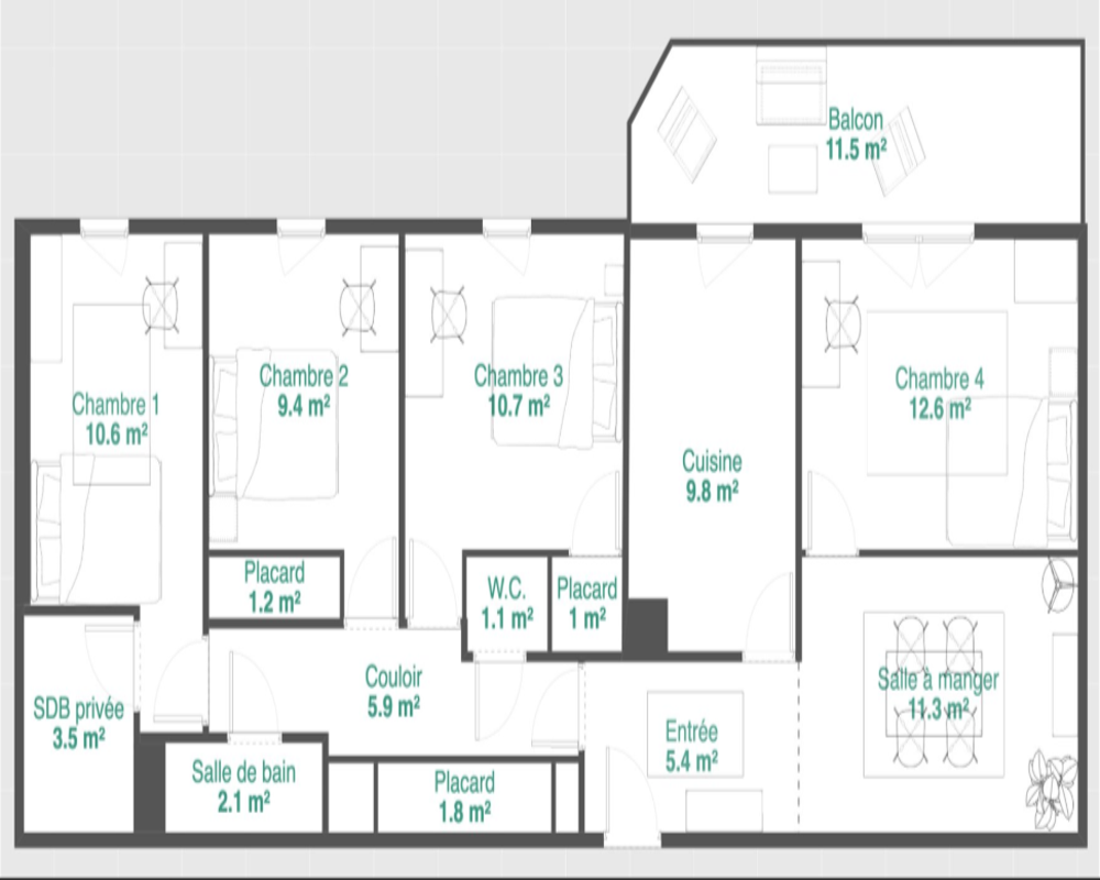 Detailed floor plan (planimetry) showing room layout, dimensions and labels for bedrooms, kitchen, bathrooms and balcony.