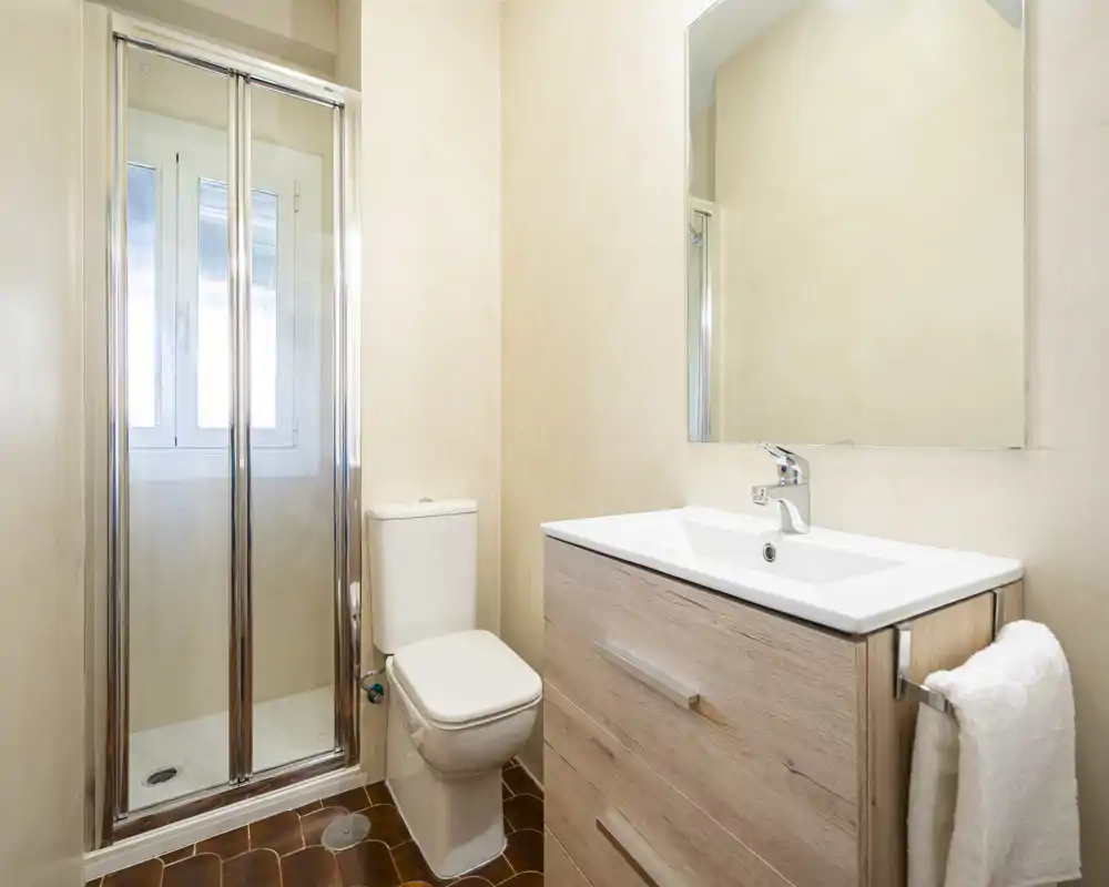 Bright, modern bathroom with a glass-enclosed shower, toilet, and a wood-finish vanity with sink and mirror.