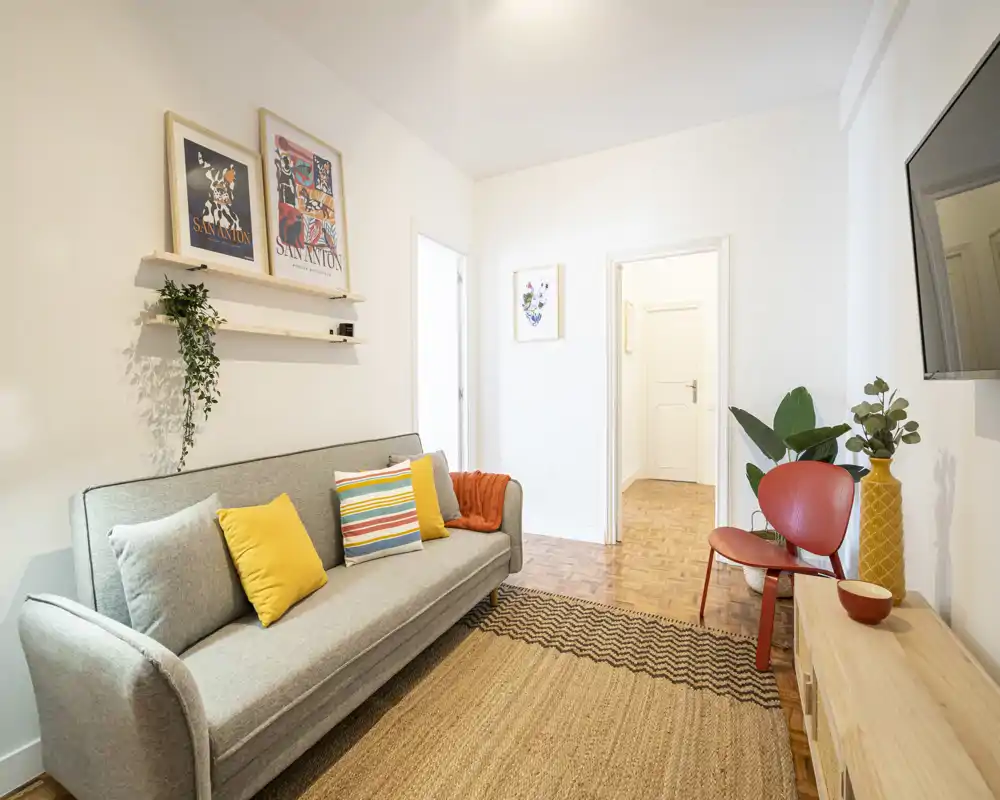 Bright, well-styled living room with a gray sofa, colorful cushions, textured rug and accent chair — ideal for a cozy lounge area.