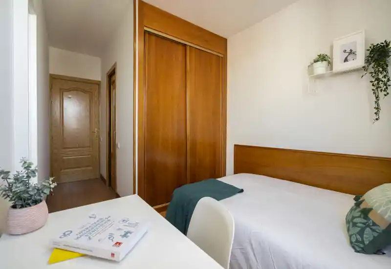 Camera singola confortevole con testiera in legno, armadio a muro e una scrivania ordinata. Spazio luminoso e dallo stile semplice con piante e tessili morbidi, ideale per affitti brevi.