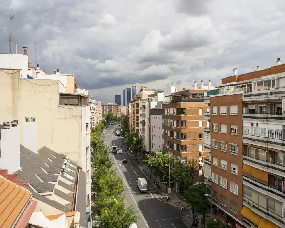 Vista urbana da balcone su un viale alberato e gli edifici residenziali circostanti sotto un cielo nuvoloso — perfetta per mostrare la vista e il quartiere.