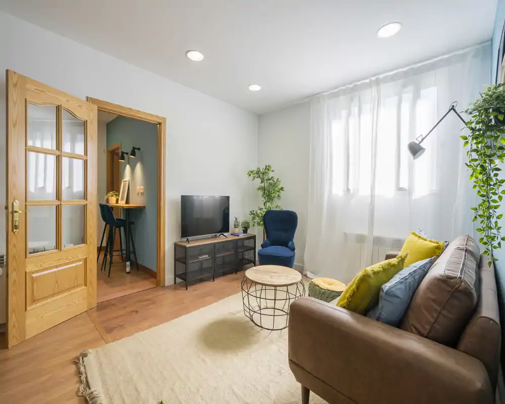 Bright, well-styled living room with a comfortable sofa, accent chair, TV console and natural light through sheer curtains; cozy textiles and plants add warmth.