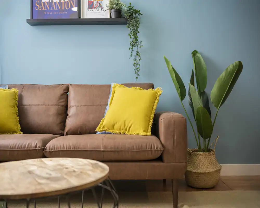 Stylish living area with a warm brown leather sofa, bright yellow cushions and a decorative plant against a soft blue wall — a cozy, well-styled lounge corner ideal for relaxation.