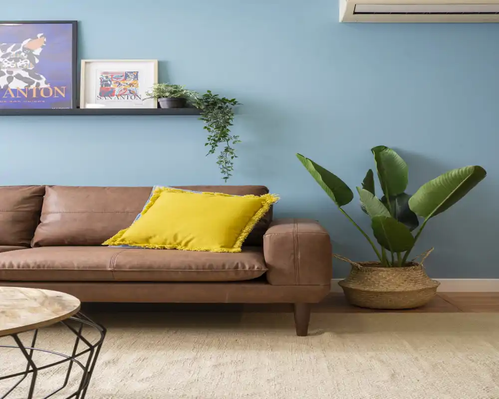Bright, stylish living room corner with a brown leather sofa, yellow accent cushion, houseplant and wall shelf on a soft blue wall — a cozy spot for relaxing.
