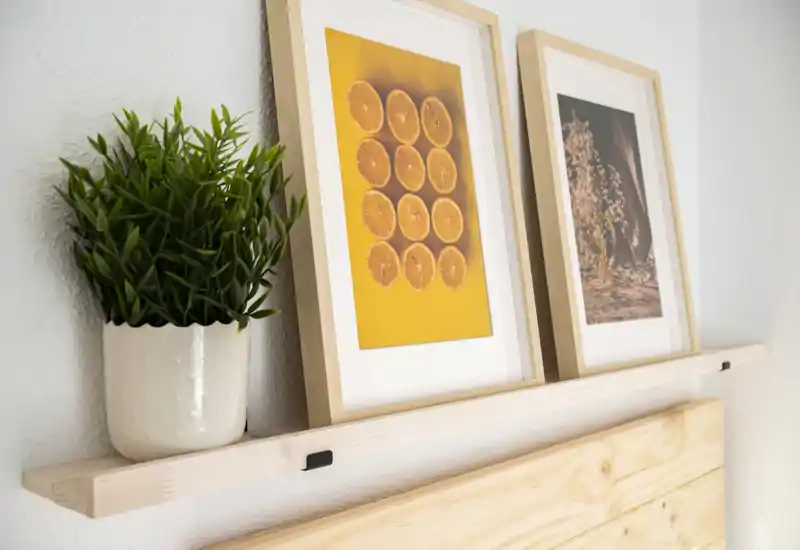 Primer plano de una repisa decorativa con dos láminas enmarcadas y una planta en maceta sobre un panel de madera: una imagen de detalle que destaca la decoración.