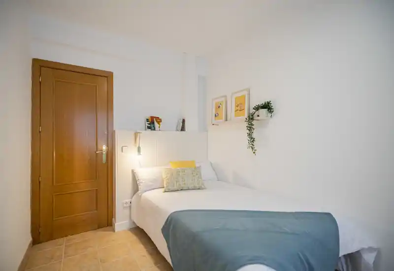 Bright, compact bedroom with a neatly made single bed, soft textiles and minimal modern decor—ideal for a comfortable solo stay.