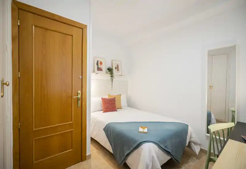Chambre simple propre et lumineuse avec un lit confortable, coussins décoratifs et plaid bleu. Décor moderne et épuré, miroir pleine longueur et petit coin bureau — idéal pour une location courte durée.