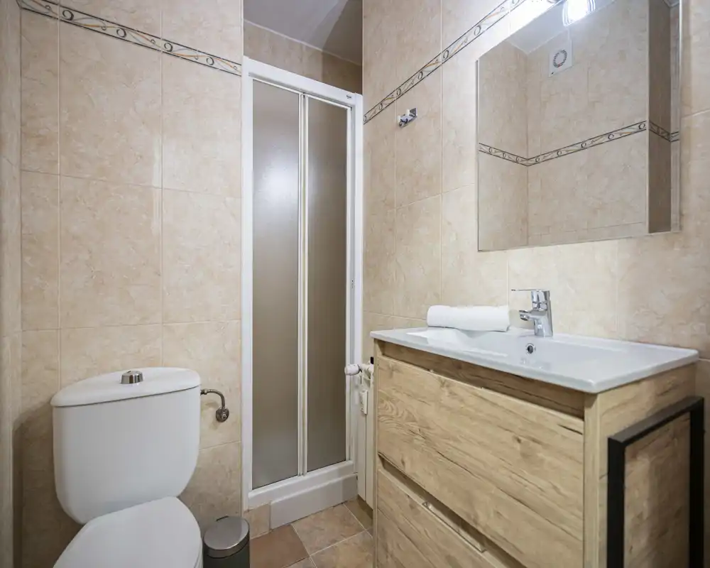 Compact, well-lit bathroom with a shower cabin, toilet and vanity with sink and mirror; neutral beige tiles and wood-effect cabinet for a clean, functional space.