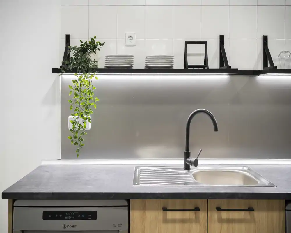 Modern compact kitchen with stainless sink, black faucet and a minimalist shelf with plates and hanging plant. Bright, tidy and ideal for a small apartment.