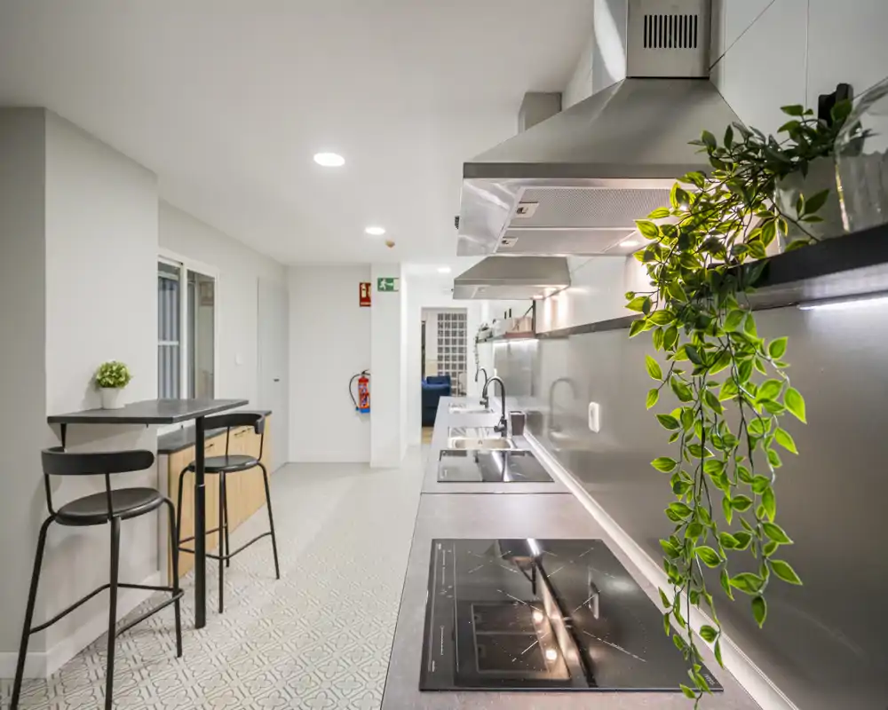 Modern fully fitted kitchen with long countertop, induction cooktop, stainless hood and integrated sinks; bright neutral palette and bar seating for casual dining.