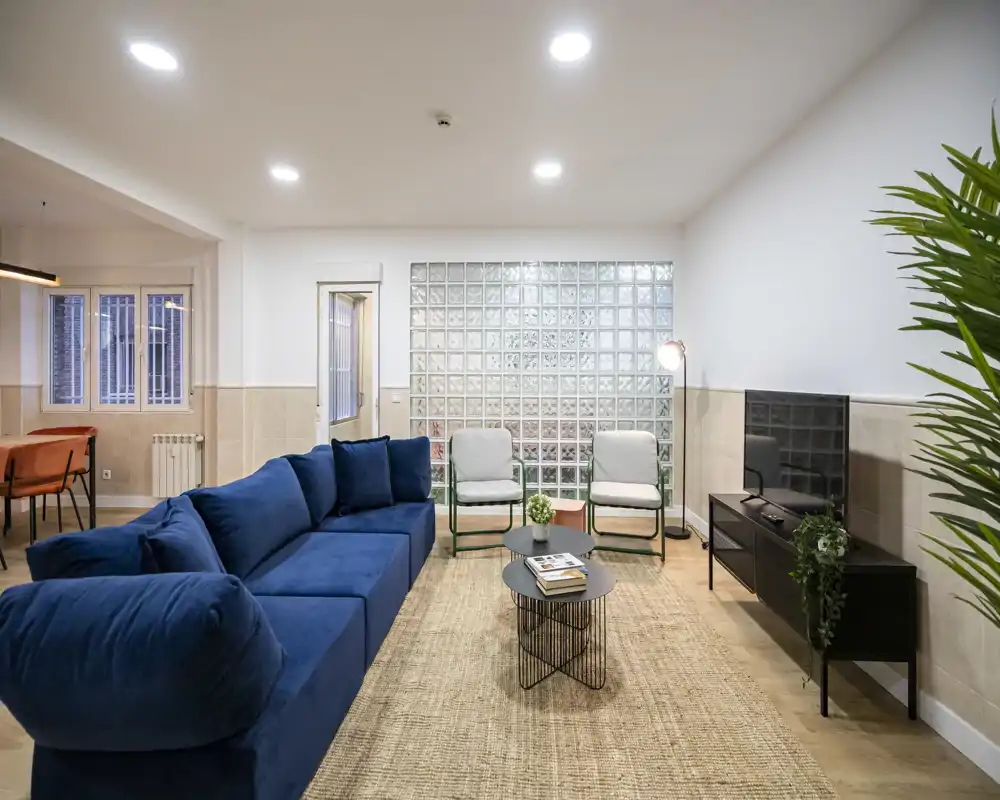 Spacious, modern living room with a deep blue sectional sofa, woven rug, TV unit and tasteful plants — bright, stylish and comfortable for relaxation.