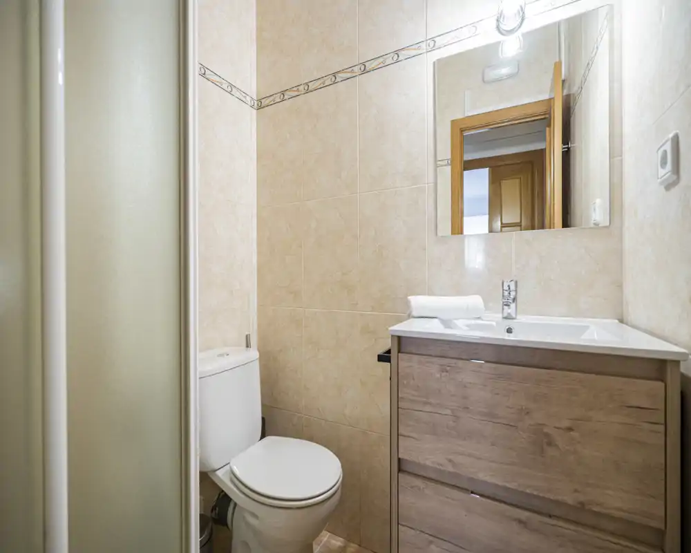 Compact, clean bathroom with a toilet, vanity with sink and mirror, and a shower visible at the left edge. Neutral beige tiles and wood-effect vanity create a warm, tidy space.