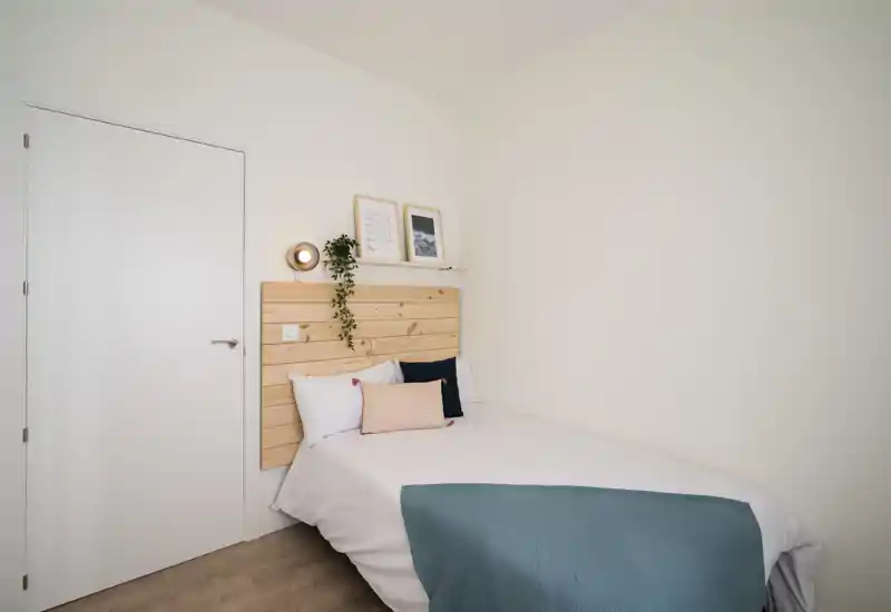 Minimal, bright bedroom with a neatly made single/double bed, wooden headboard, soft textiles and a small decorative plant — clean modern styling ideal for rental photos.
