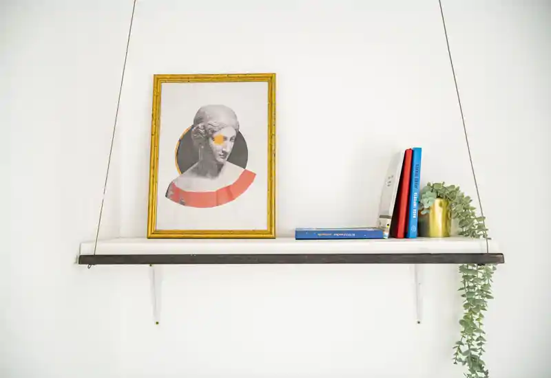 Estantería mural minimalista con una obra enmarcada, algunos libros apilados y una planta colgante: detalle de decoración, no permite identificar una habitación concreta.
