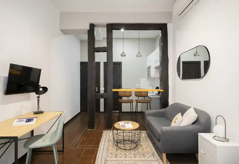Stylish, compact living area with a comfortable gray sofa, decorative rug and a breakfast bar with stools — bright, well-styled space ideal for a city rental.