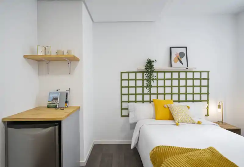Bright, styled single bedroom with a neatly made bed, decorative cushions and a small bedside table lamp. Clean white walls and warm wooden accents create a cozy, modern feel ideal for short-term rentals.