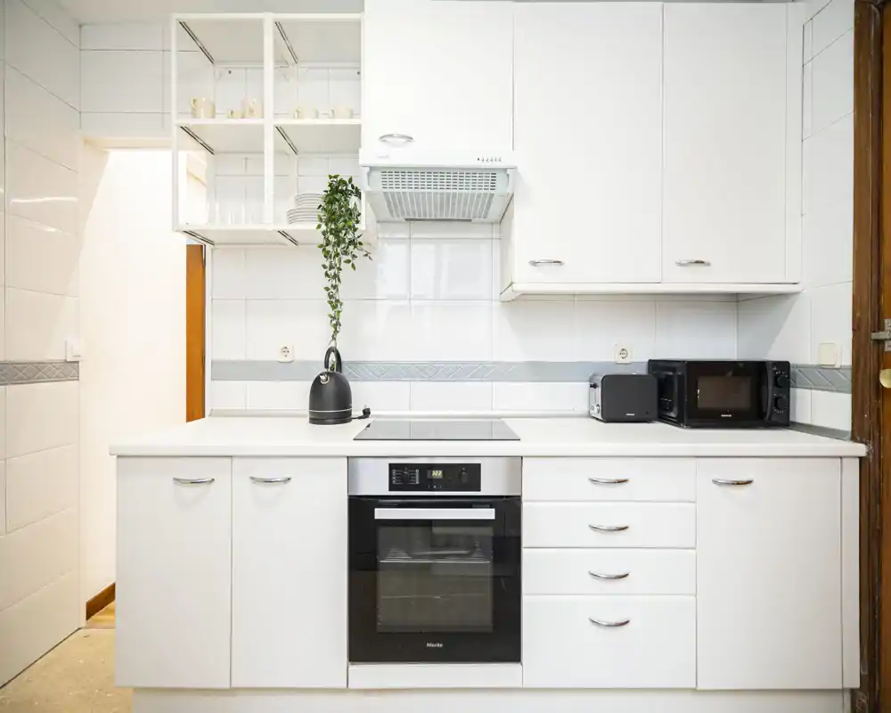 Bright, modern white kitchen with built-in oven, induction hob and compact countertop appliances; neat styling with a small hanging plant and open shelving.