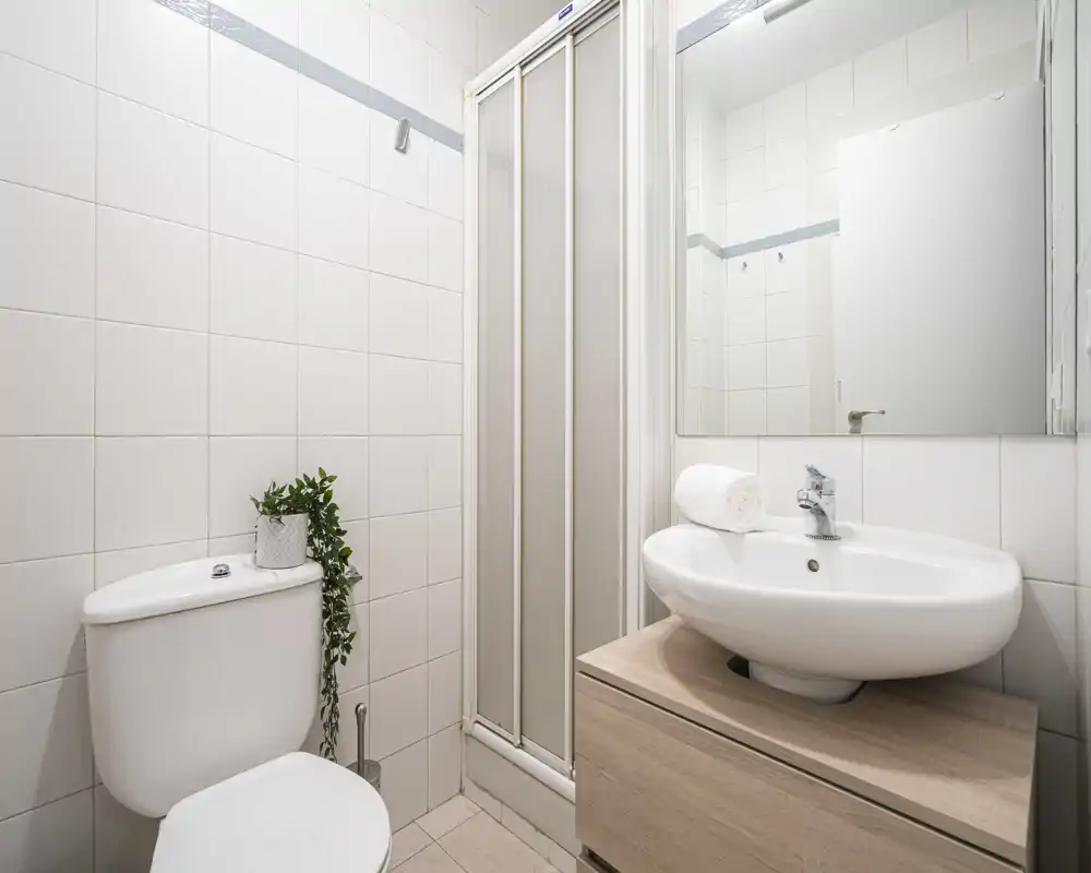 Compact, well-lit bathroom with a toilet, sink on a wooden vanity and a corner shower cubicle. Clean white tiles and a large mirror make the space feel bright and fresh.