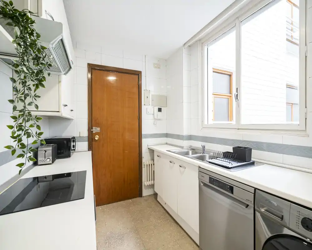 Bright, compact kitchen with white cabinets, large window and integrated appliances; clean countertops and a potted trailing plant add a welcoming touch.