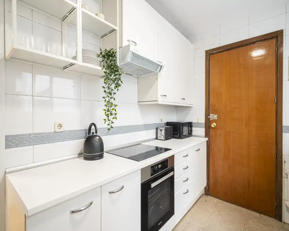 Bright, compact kitchen with white cabinets, electric hob, built-in oven and small appliances on the counter. Clean ceramic tiles and a hanging plant add a fresh touch.