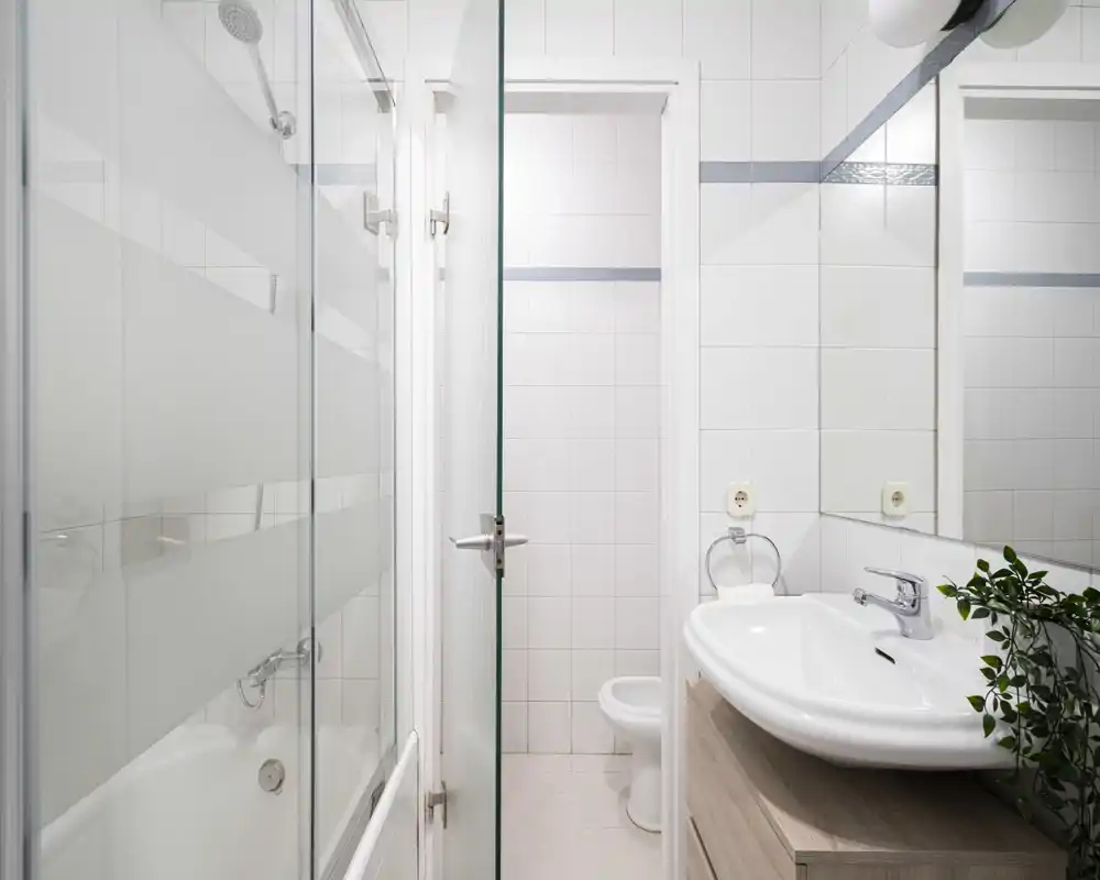 Bright, modern bathroom with a glass-enclosed bathtub/shower, white tiles and a vanity sink with mirror and small plant.