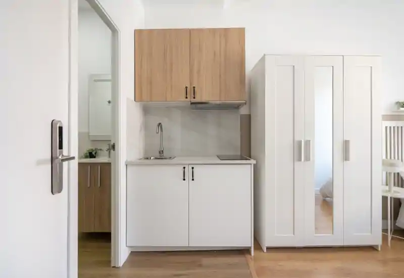 Compact, modern kitchenette with white cabinets, wood accents and an induction hob — tidy and bright, ideal for a studio apartment.