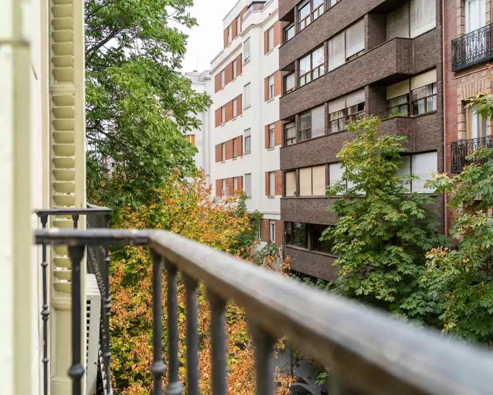 Petit balcon urbain avec une rambarde métallique donnant sur une rue bordée d'arbres et des immeubles voisins ; vue agréable, idéale pour un café matinal.