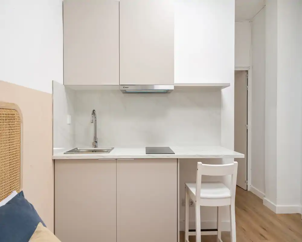 Kitchenette moderna y compacta con fregadero integrado, placa de inducción y muebles altos; tonos neutros y encimera limpia, ideal para un estudio.