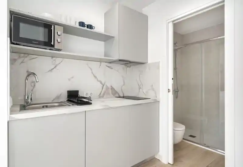 Compact modern kitchenette with marble-effect backsplash, integrated sink, induction hob and microwave; bright and efficiently arranged for short stays.
