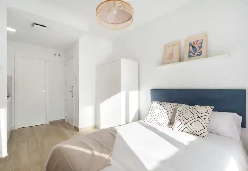 Bright, modern bedroom with a double bed, patterned cushions and a blue upholstered headboard; natural light floods the room and minimalist décor keeps the space airy.