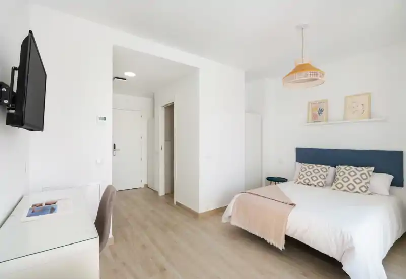 Chambre lumineuse et minimaliste avec un lit double, coussins à motifs, une petite table de chevet et un coin bureau. Sol en bois clair et murs blancs pour une ambiance frais et aérée.